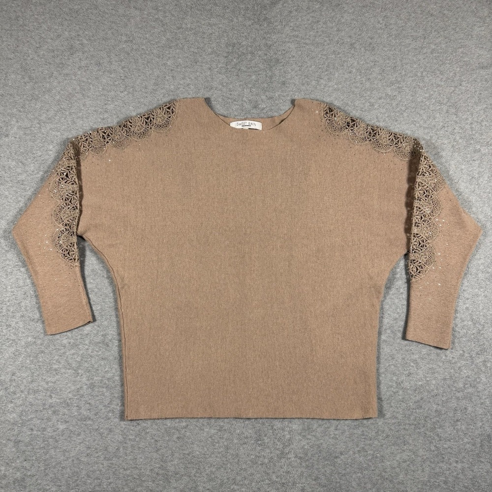 Sweet Rain Women's Sweater L Taupe Lace Rhinestone Knit Top